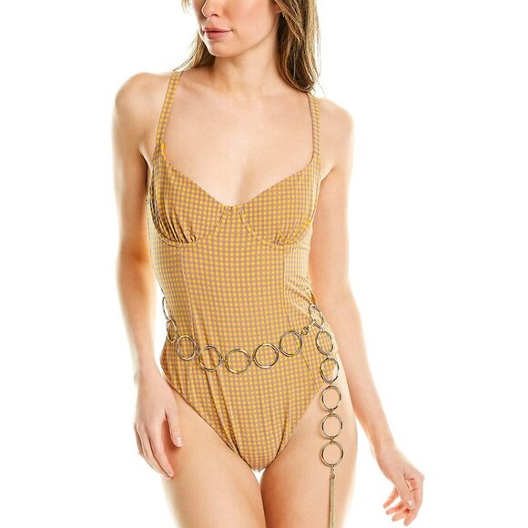 NWT WeWoreWhat Danielle 3.0 One-Piece Swimsuit | Belted Seersucker | Size L - Picture 1 of 9